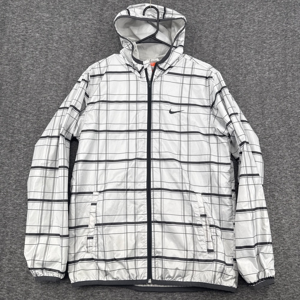 Nike Grid Plaid Windbreaker Jacket White Black Full Zip Hooded 603806-011 Large